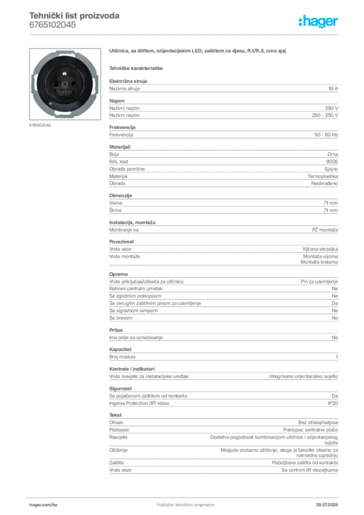 Slika Hager Product data sheet 6765102045  | Hager