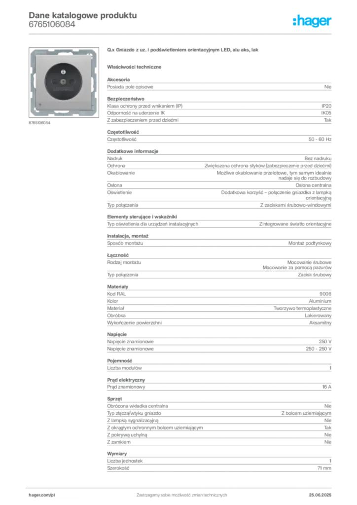 Zdjęcie Hager Dane katalogowe produktu 6765106084 | Hager Polska