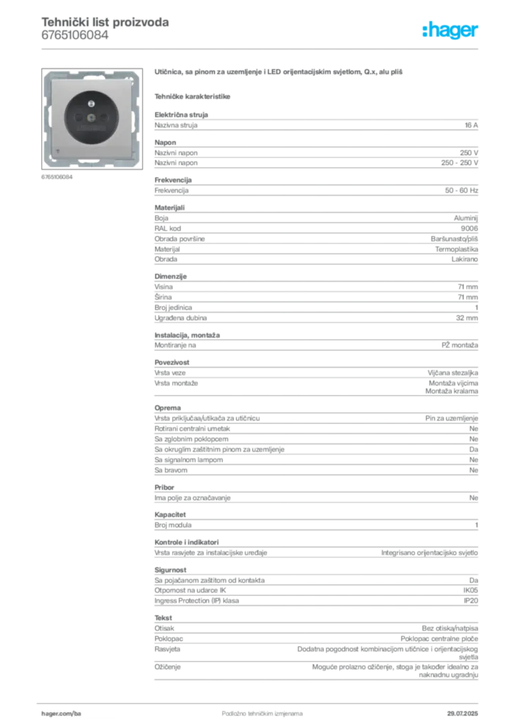 Slika Hager Product data sheet 6765106084  | Hager