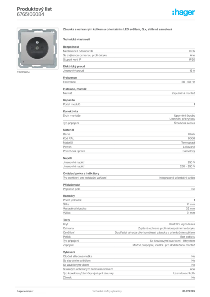 Obrázek Hager Produktový list 6765106084 | Hager