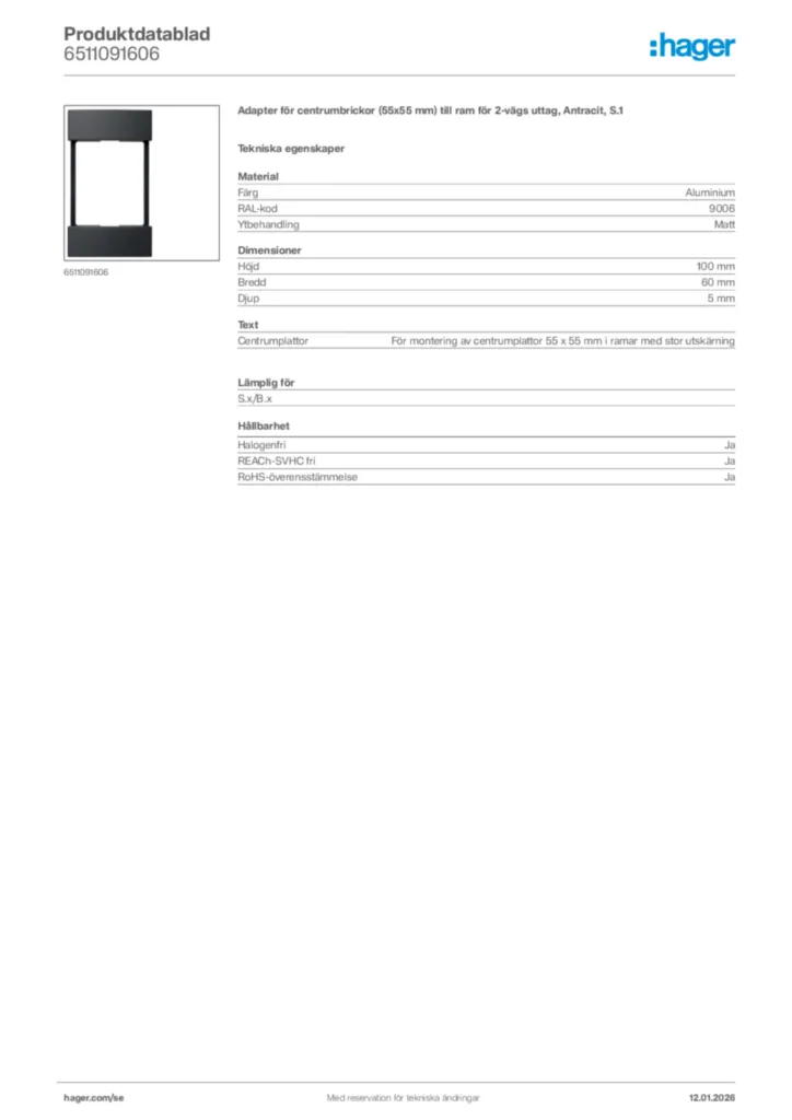 Bild Hager Produktdatablad 6511091606 | Hager Sverige