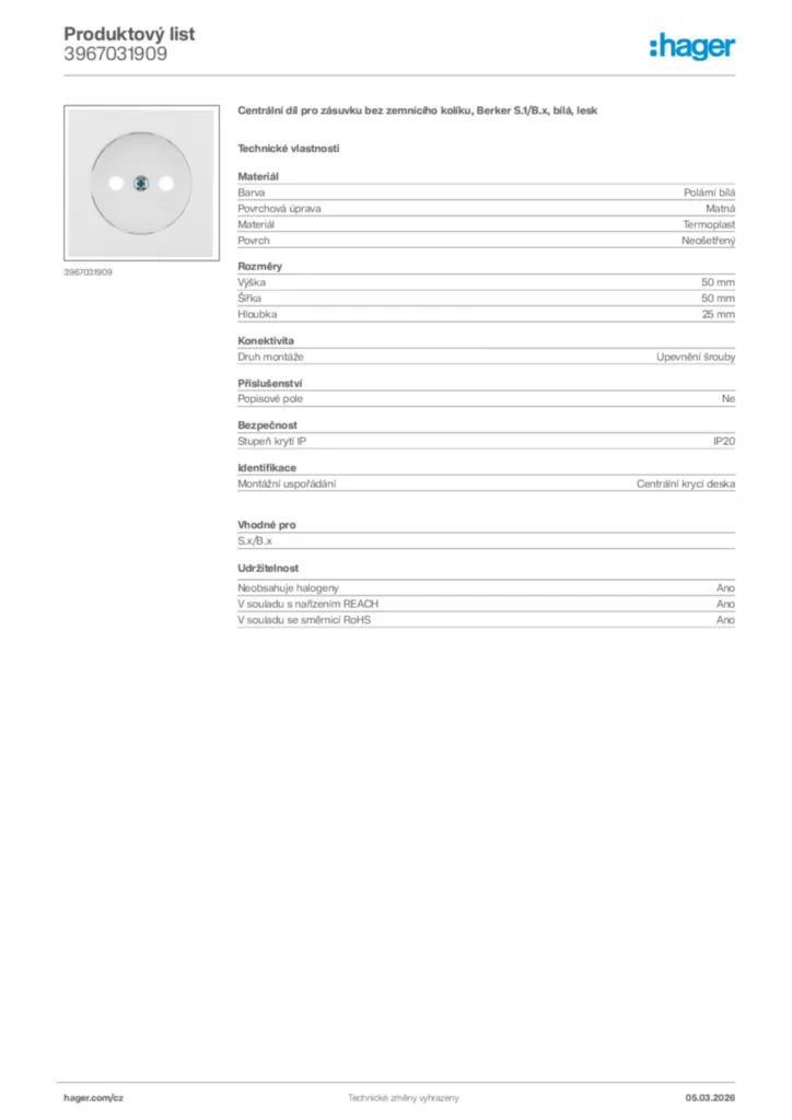 Obrázek Hager Product data sheet 3967031909 | Hager