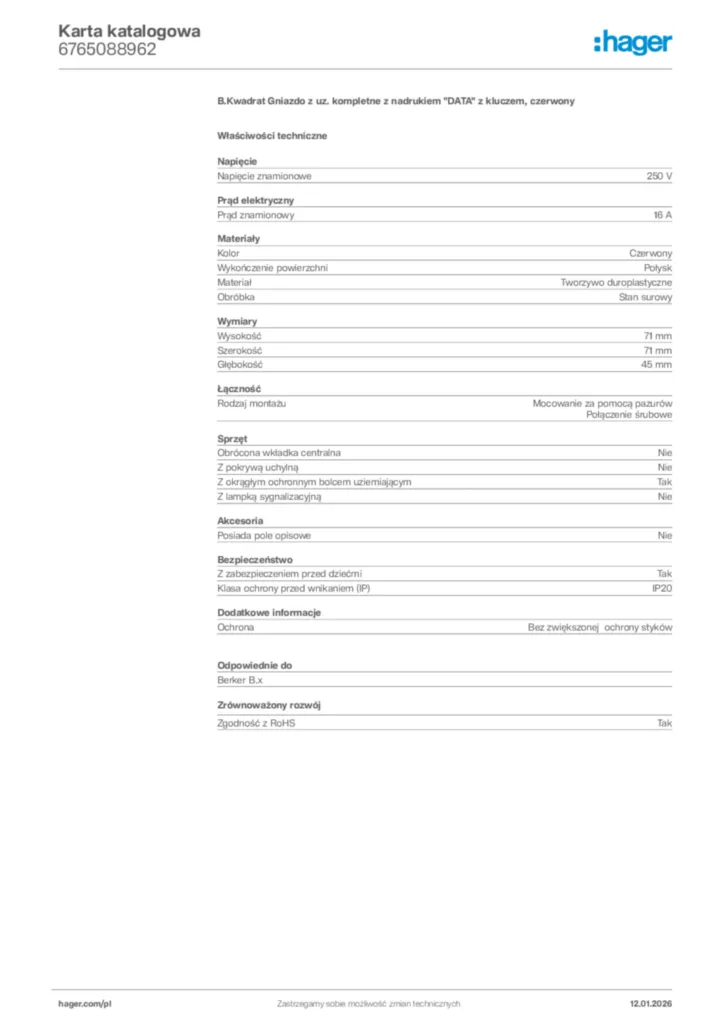 Zdjęcie Hager Karta katalogowa 6765088962 | Hager Polska