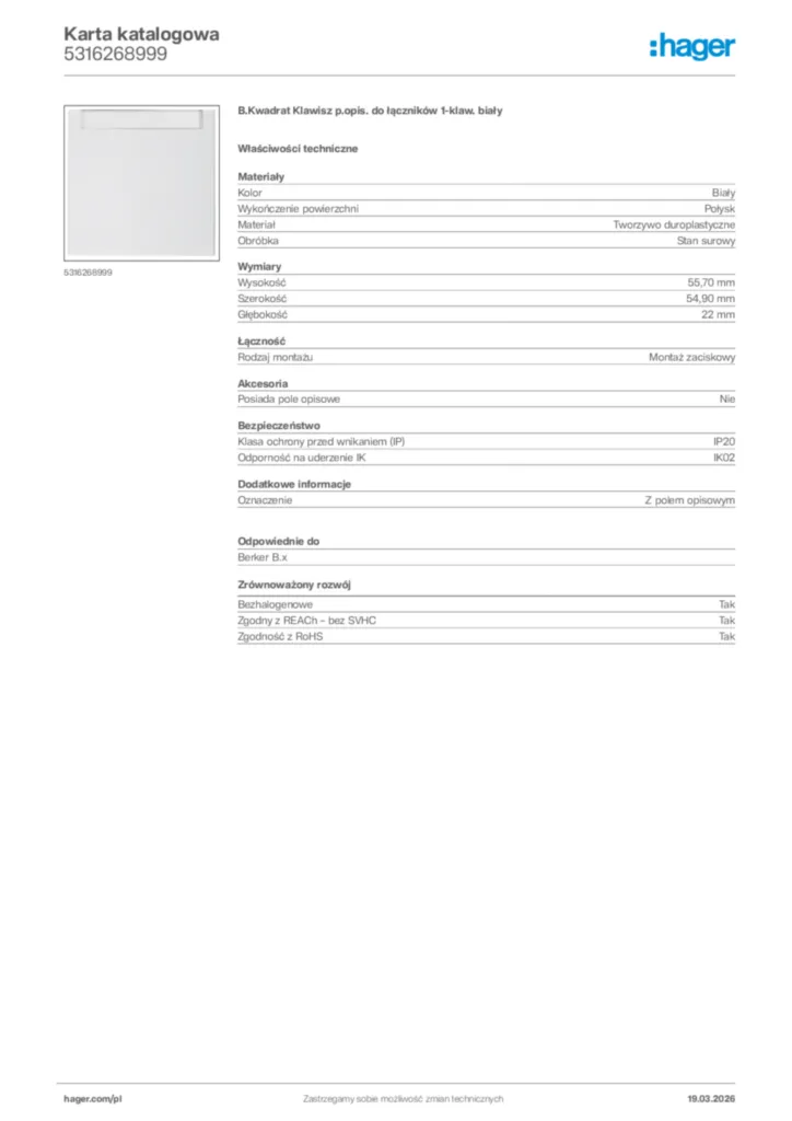 Zdjęcie Hager Karta katalogowa 5316268999 | Hager Polska