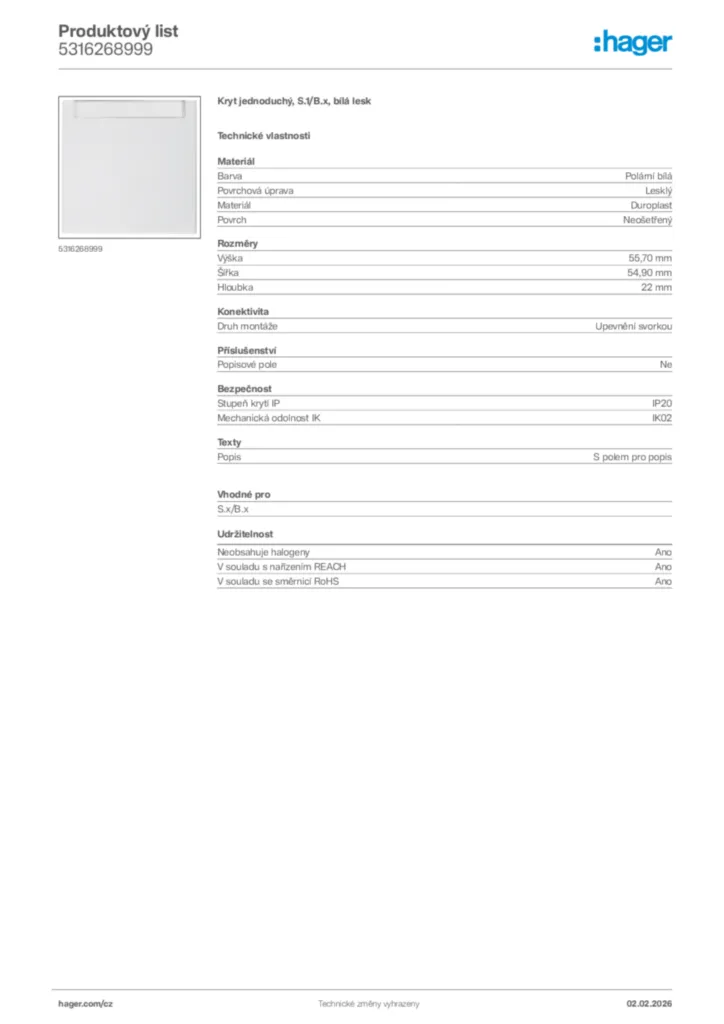 Obrázek Hager Product data sheet 5316268999 | Hager