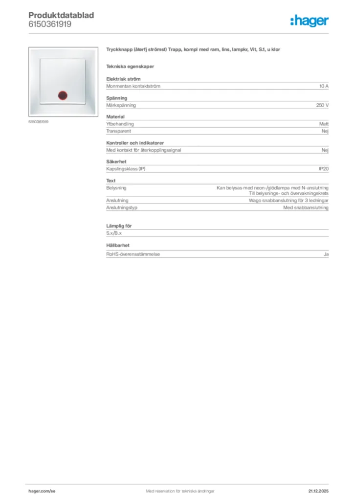 Bild Hager Produktdatablad 6150361919 | Hager Sverige
