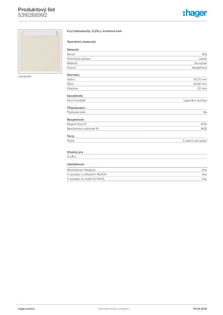 Obrázek Hager Product data sheet 5316268992 | Hager