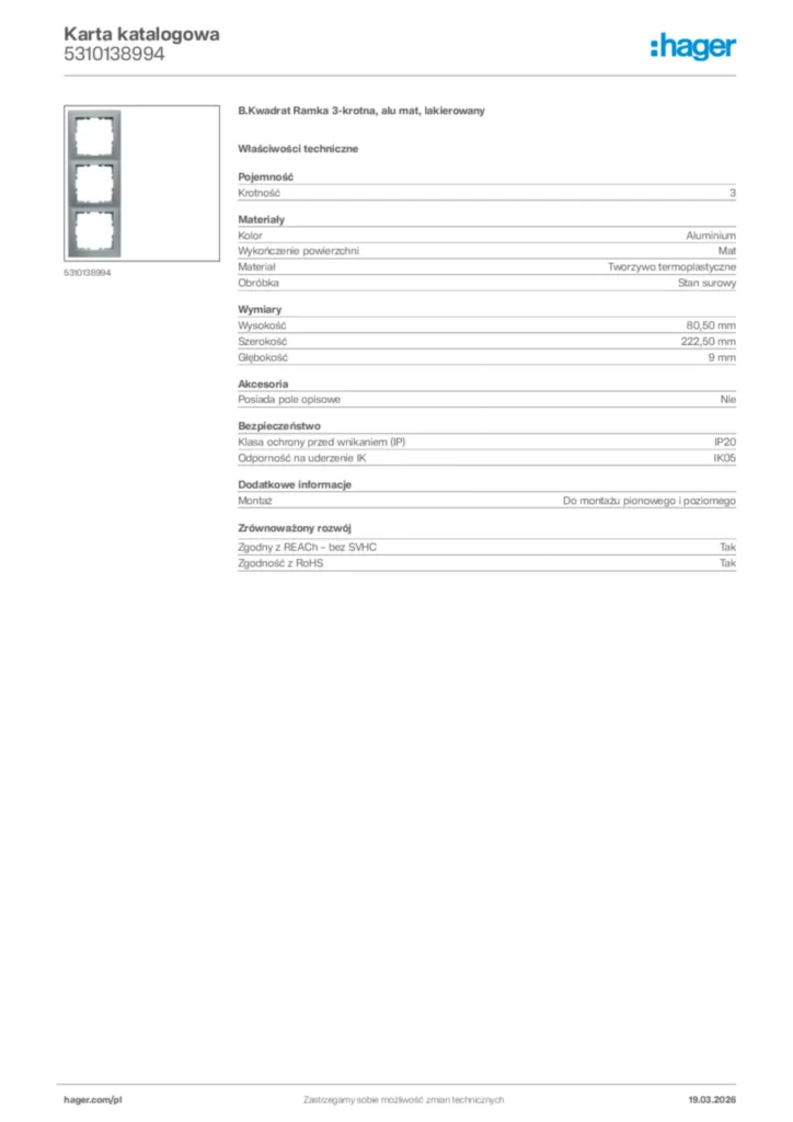 Zdjęcie Hager Karta katalogowa 5310138994 | Hager Polska