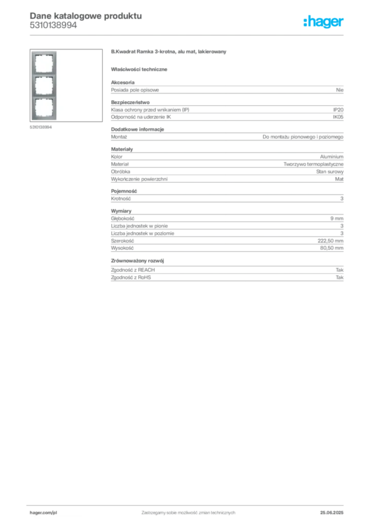 Zdjęcie Hager Dane katalogowe produktu 5310138994 | Hager Polska
