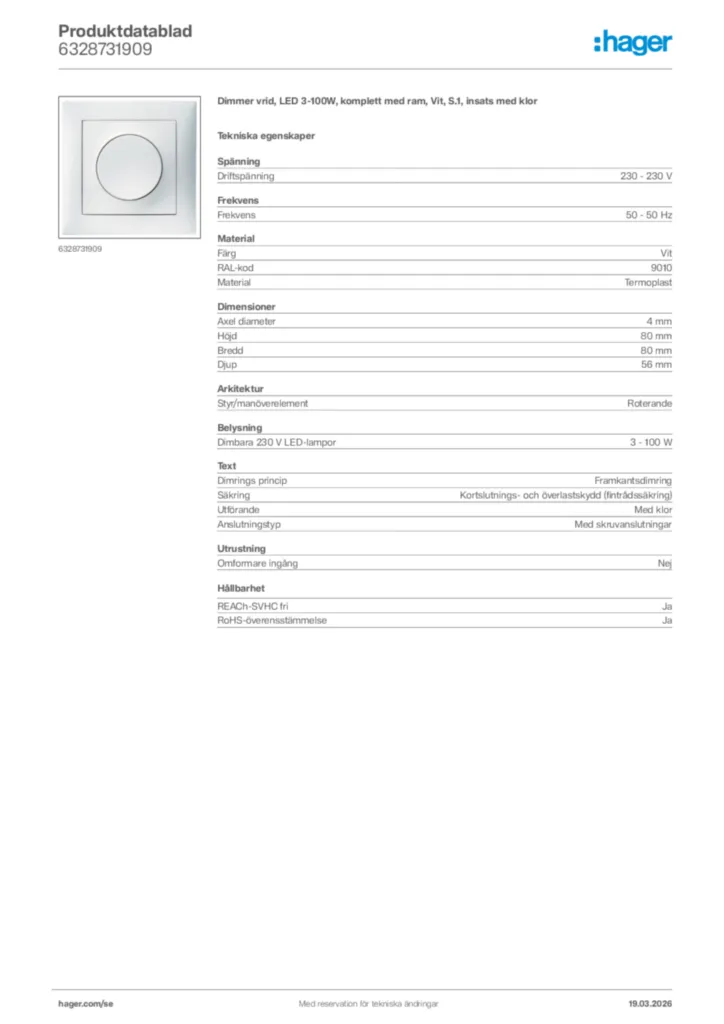 Bild Hager Produktdatablad 6328731909 | Hager Sverige