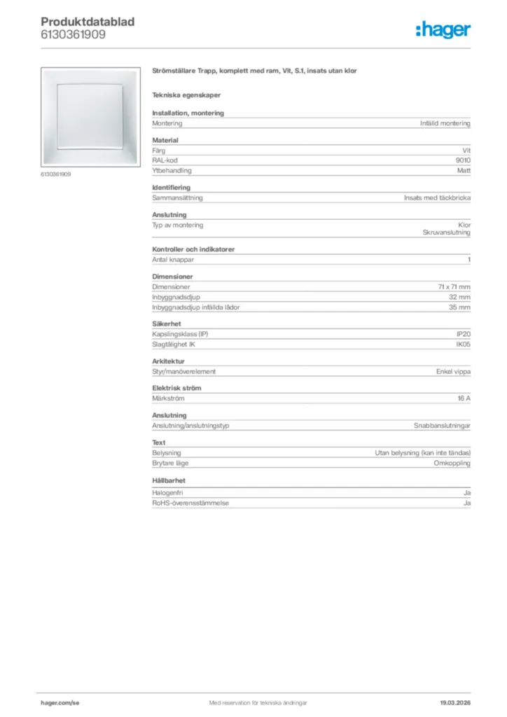Bild Hager Produktdatablad 6130361909 | Hager Sverige