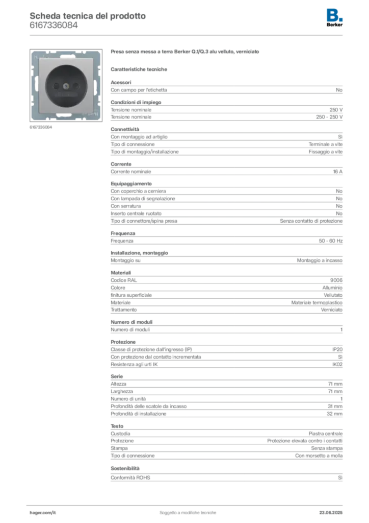 Immagine Berker Scheda tecnica del prodotto 6167336084 | Hager Italia