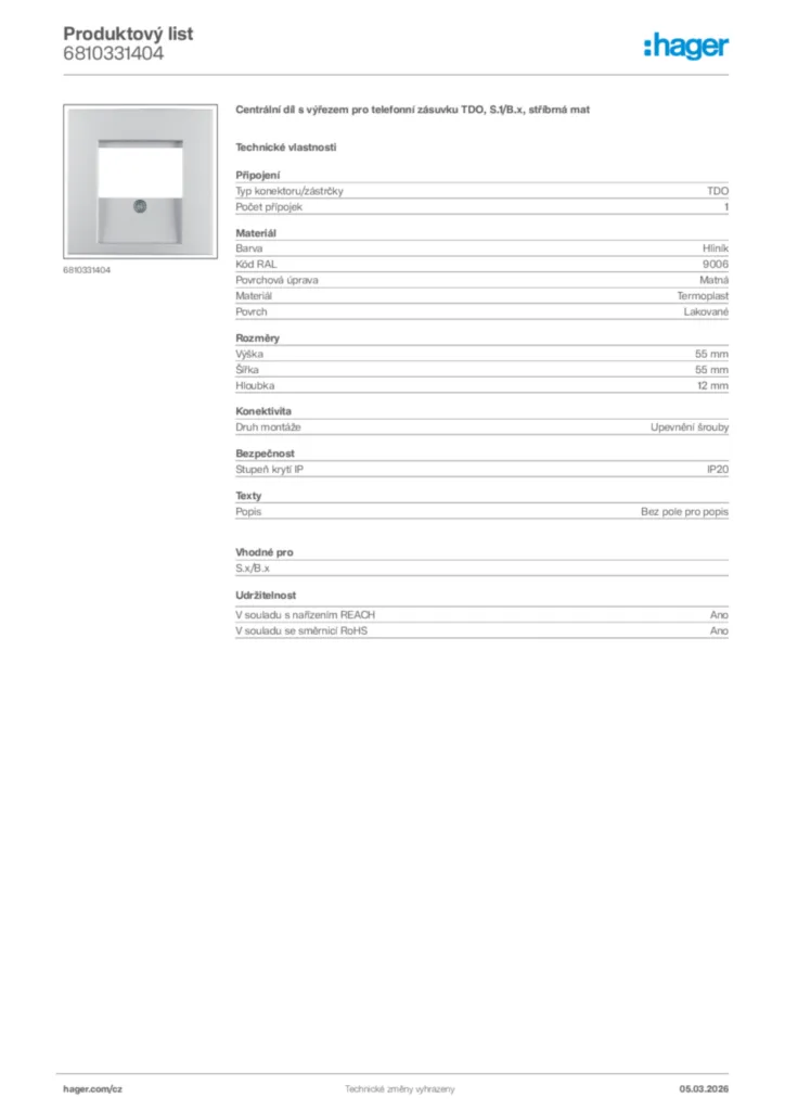 Obrázek Hager Product data sheet 6810331404 | Hager