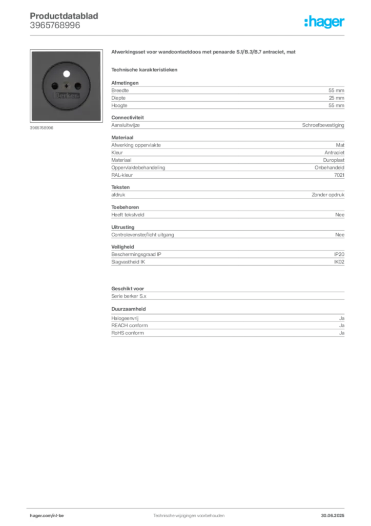 Afbeelding Hager Productdatablad 3965768996 | Hager Belgium