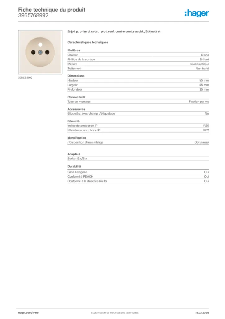 Image Hager Fiche technique du produit 3965768992 | Hager Belgique