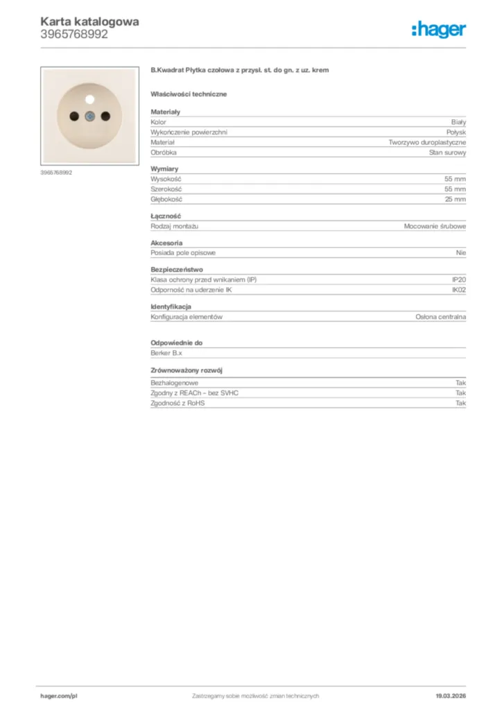 Zdjęcie Hager Karta katalogowa 3965768992 | Hager Polska