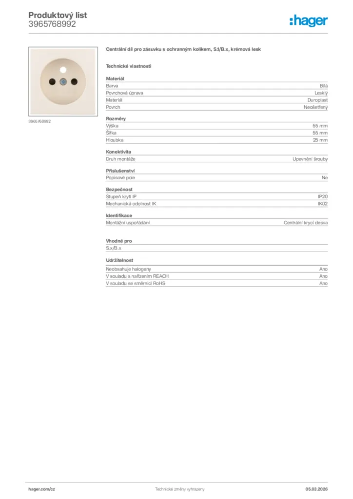 Obrázek Hager Product data sheet 3965768992 | Hager