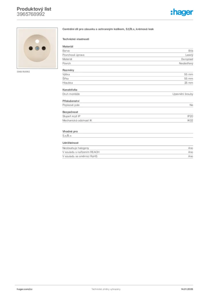 Obrázek Hager Product data sheet 3965768992 | Hager