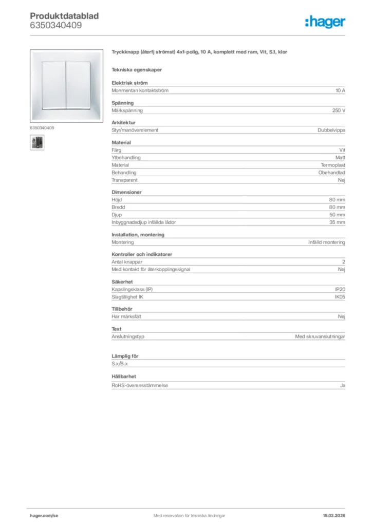 Bild Hager Produktdatablad 6350340409 | Hager Sverige