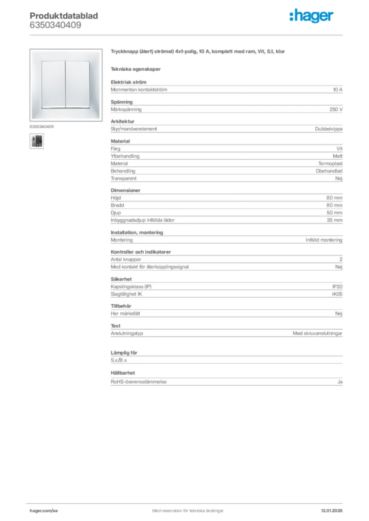 Bild Hager Produktdatablad 6350340409 | Hager Sverige