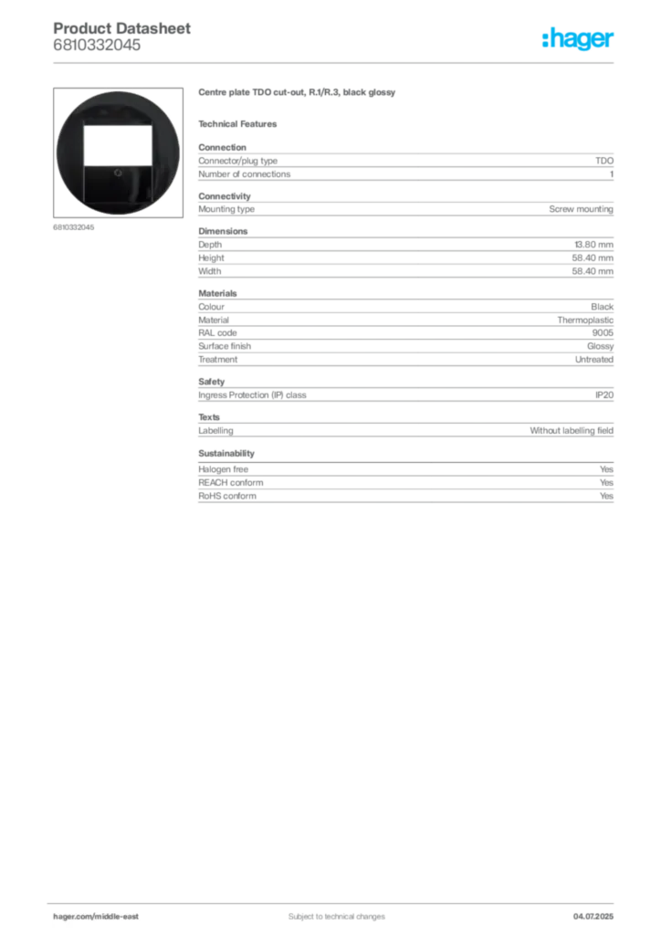 Image Hager Product data sheet 6810332045  | Hager