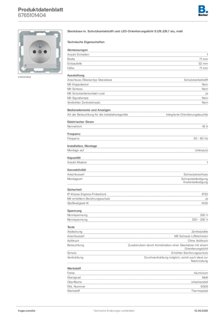 Bild Berker Produktdatenblatt 6765101404 | Hager Deutschland
