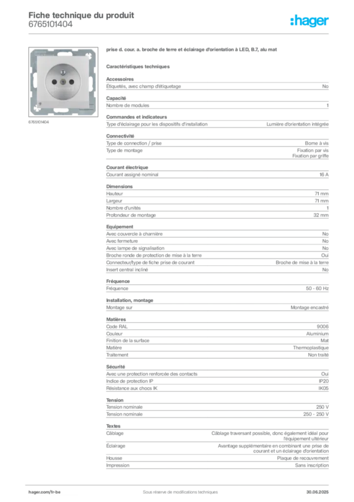 Image Hager Fiche technique du produit 6765101404 | Hager Belgique