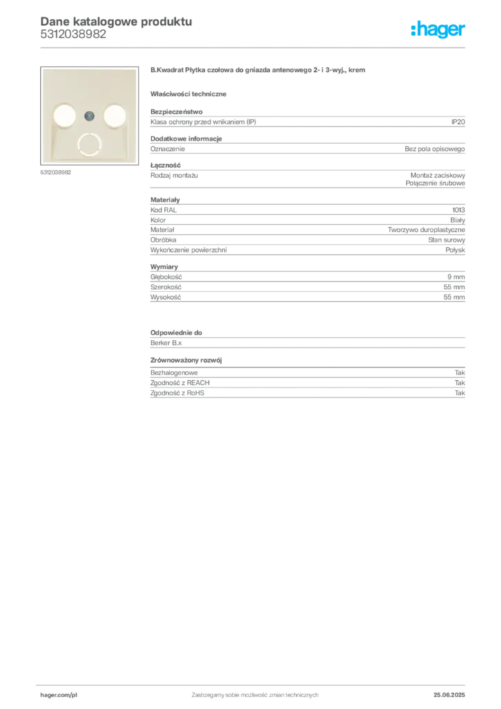 Zdjęcie Hager Dane katalogowe produktu 5312038982 | Hager Polska