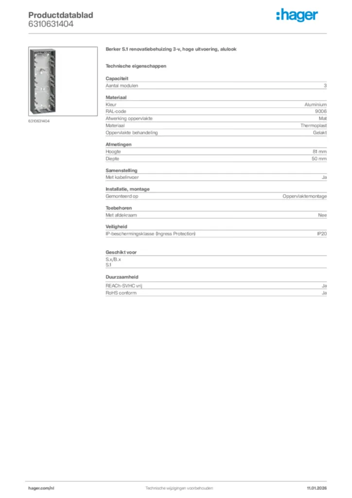 Afbeelding Hager Productdatablad 6310631404 | Hager Nederland
