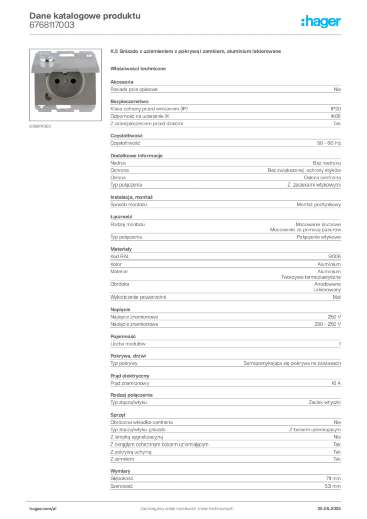 Zdjęcie Hager Dane katalogowe produktu 6768117003 | Hager Polska