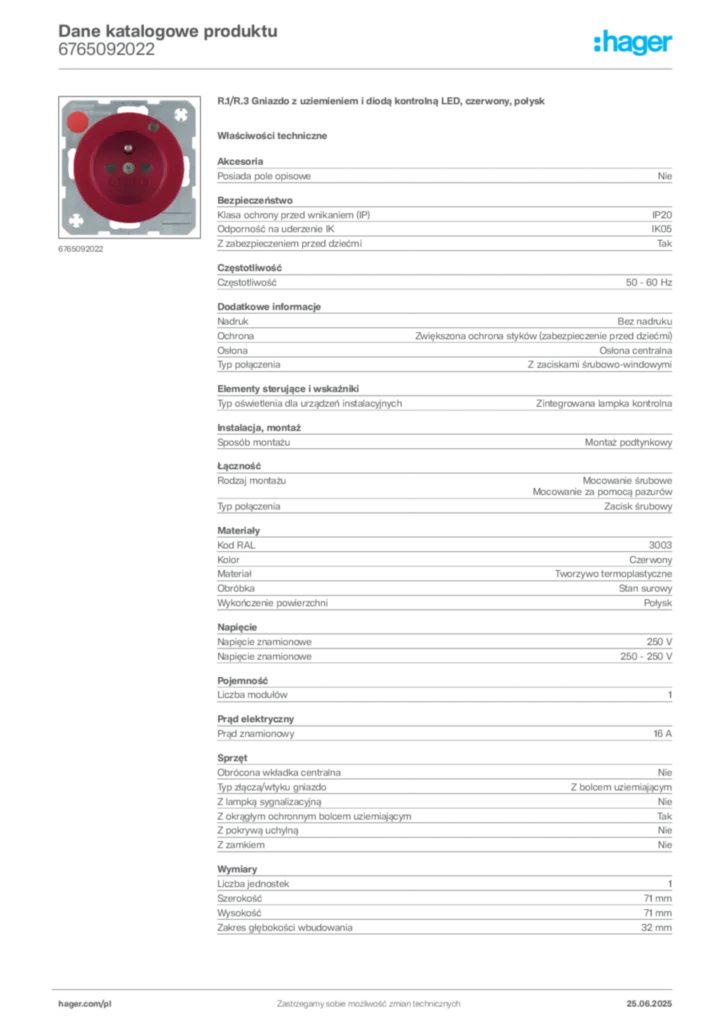 Zdjęcie Hager Dane katalogowe produktu 6765092022 | Hager Polska