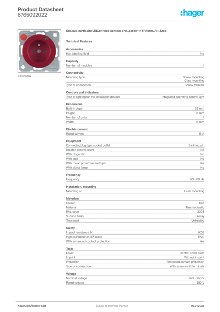 Image Hager Product data sheet 6765092022  | Hager