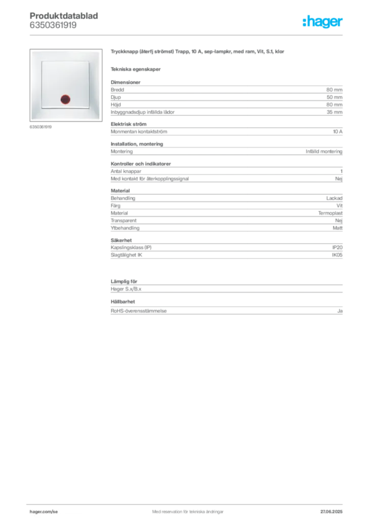 Bild Hager Produktdatablad 6350361919 | Hager Sverige