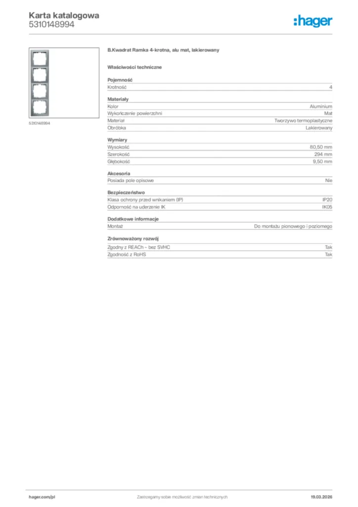 Zdjęcie Hager Karta katalogowa 5310148994 | Hager Polska