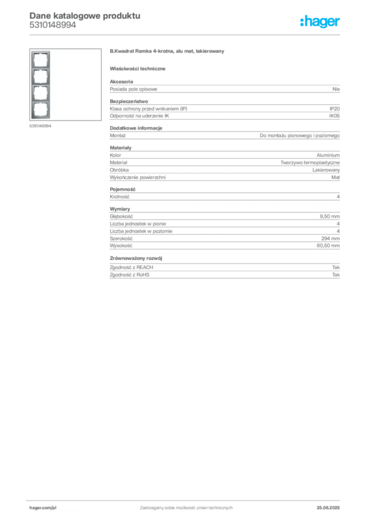 Zdjęcie Hager Dane katalogowe produktu 5310148994 | Hager Polska