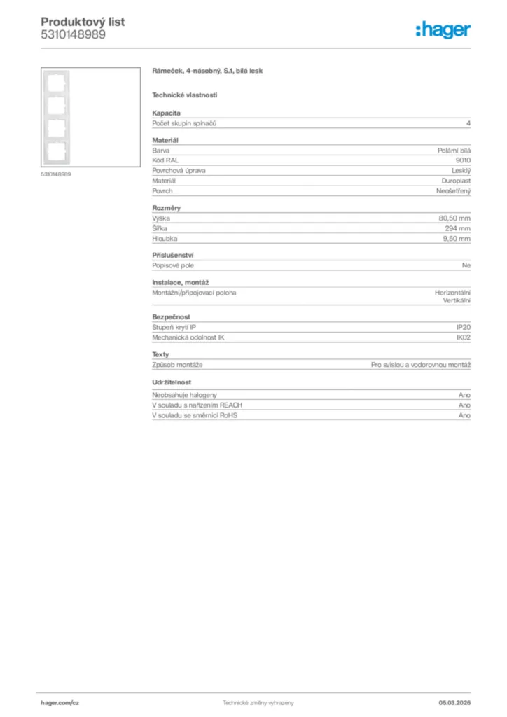 Obrázek Hager Product data sheet 5310148989 | Hager
