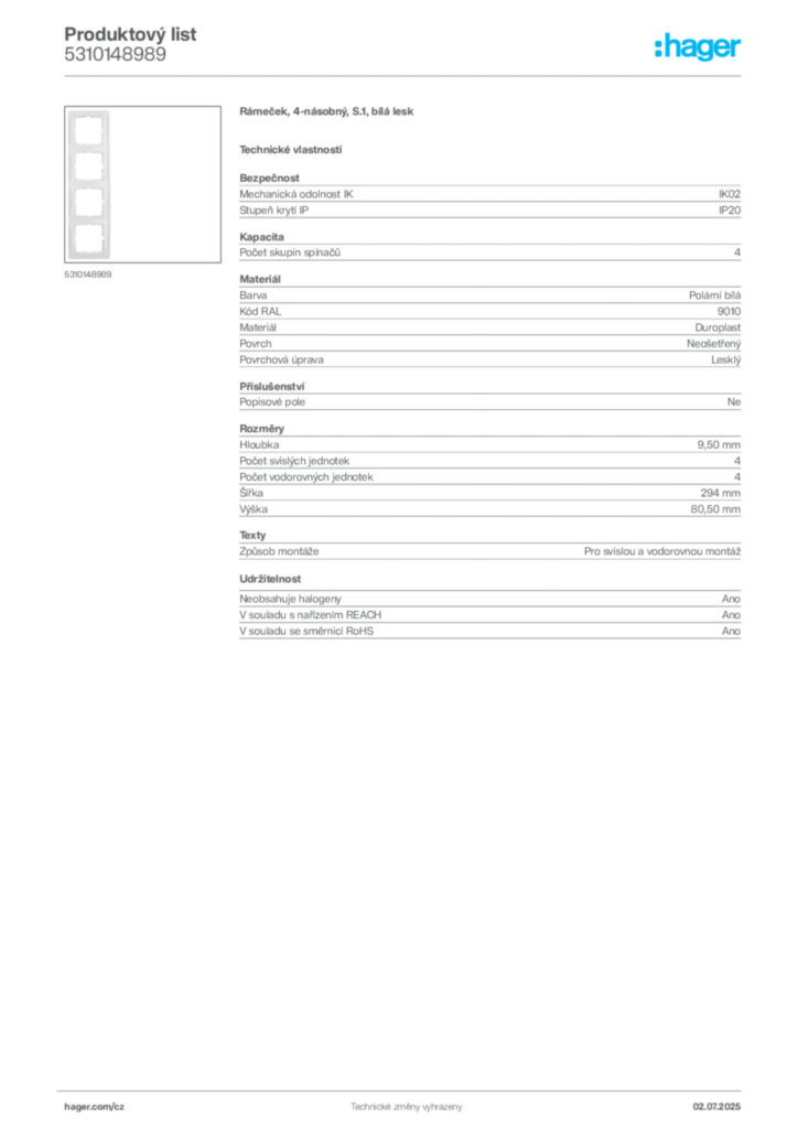 Obrázek Hager Produktový list 5310148989 | Hager