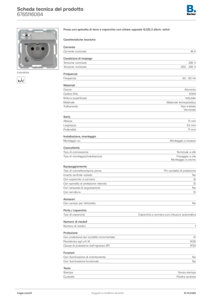Immagine Berker Scheda tecnica del prodotto 6765116084 | Hager Italia
