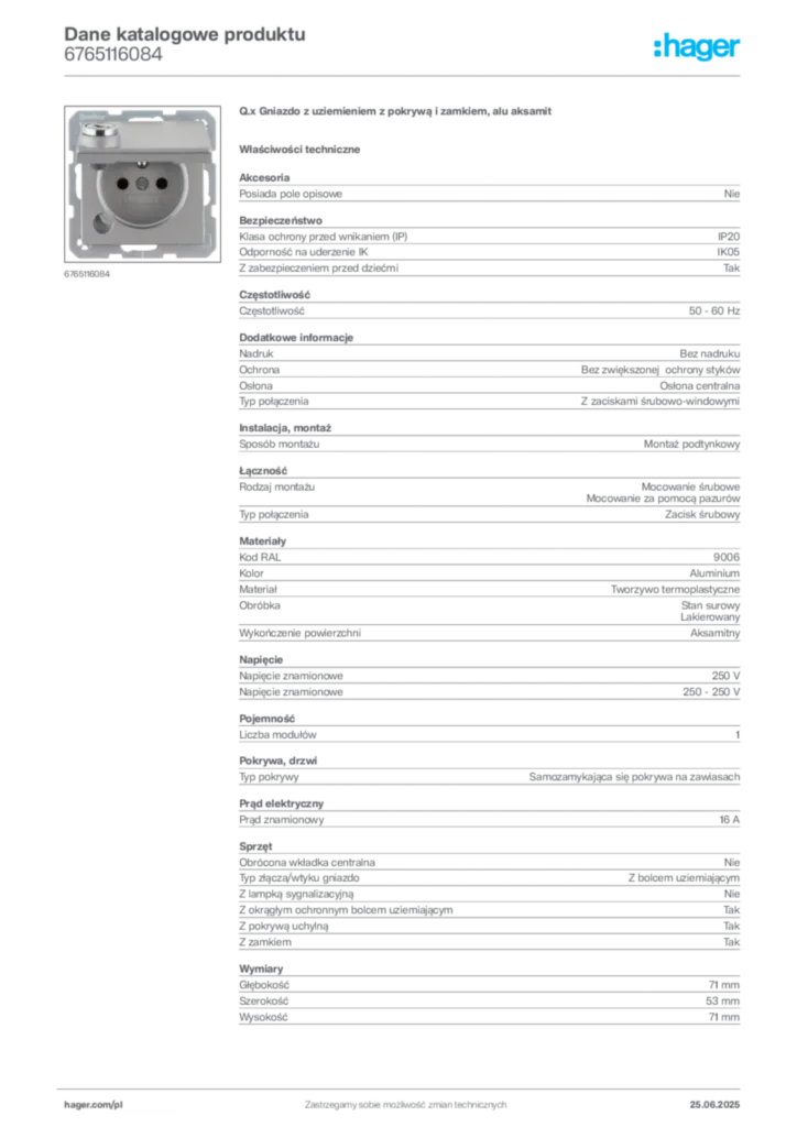 Zdjęcie Hager Dane katalogowe produktu 6765116084 | Hager Polska