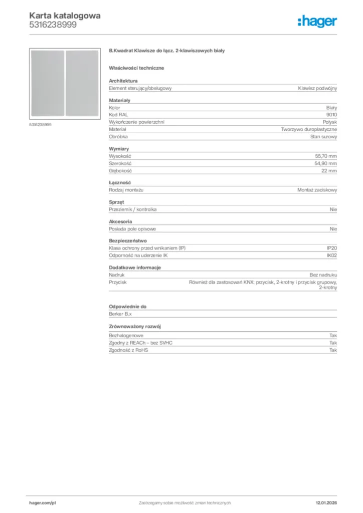 Zdjęcie Hager Karta katalogowa 5316238999 | Hager Polska