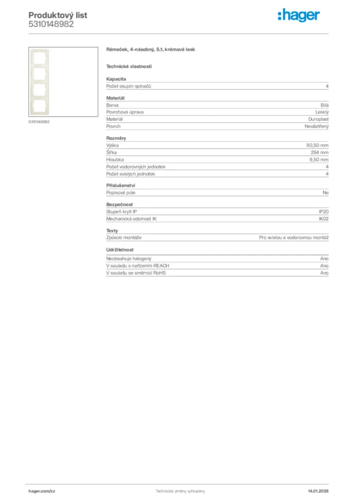Obrázek Hager Product data sheet 5310148982 | Hager