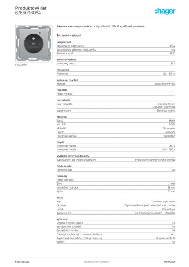 Obrázek Hager Produktový list 6765096084 | Hager