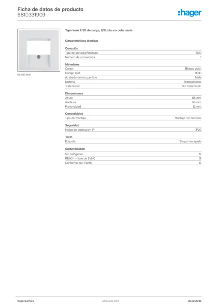 Imagen Hager Ficha de datos de producto 6810331909 | Hager España