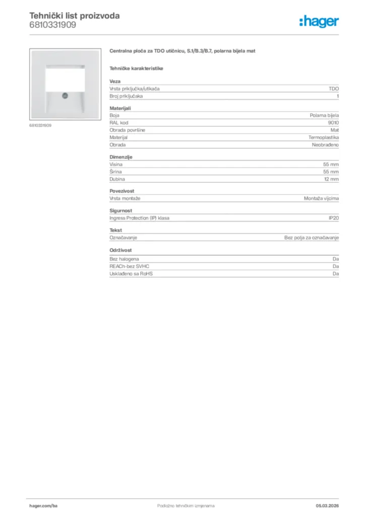 Slika Hager Tehnički list proizvoda 6810331909  | Hager