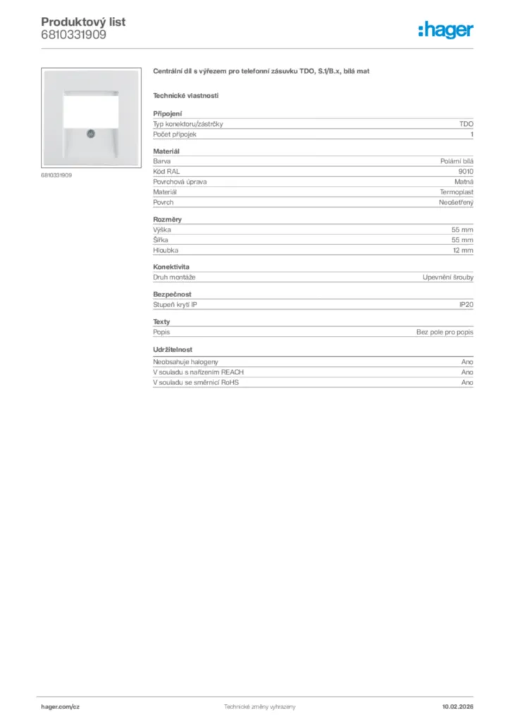 Obrázek Hager Product data sheet 6810331909 | Hager