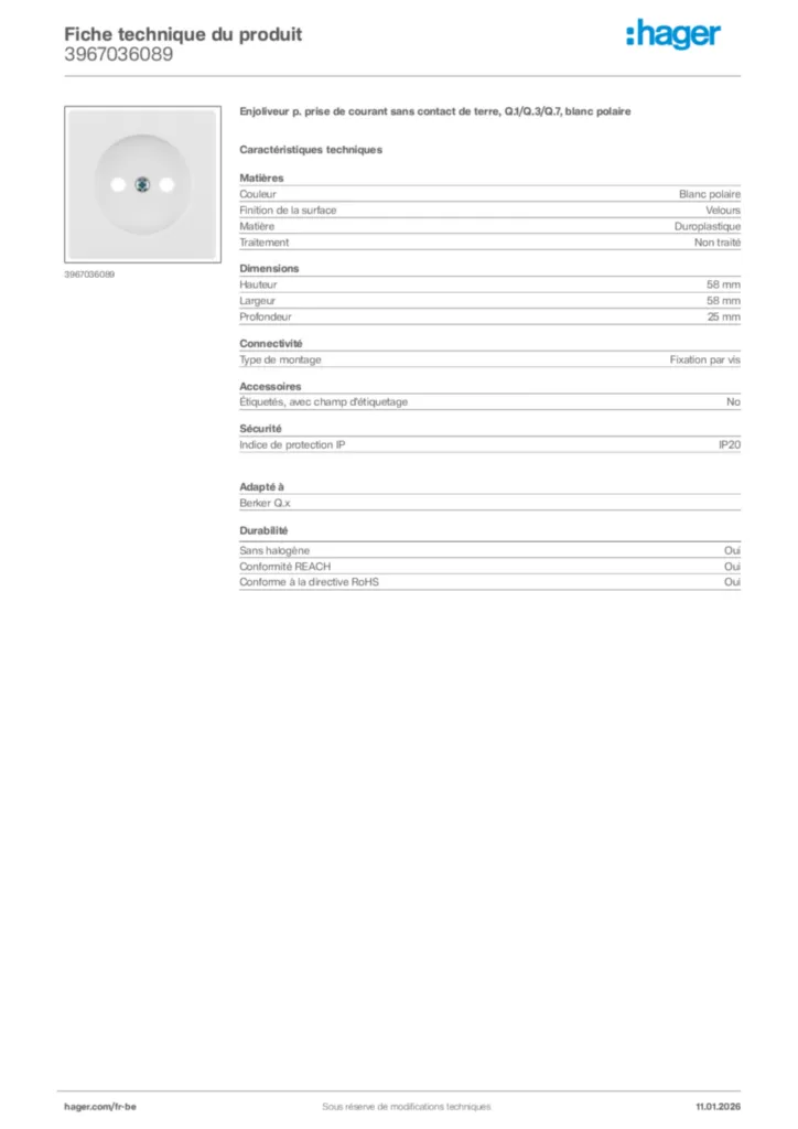 Image Hager Fiche technique du produit 3967036089 | Hager Belgique
