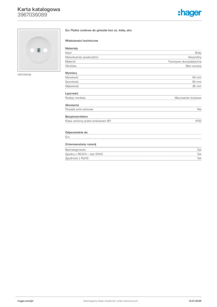 Zdjęcie Hager Karta katalogowa 3967036089 | Hager Polska