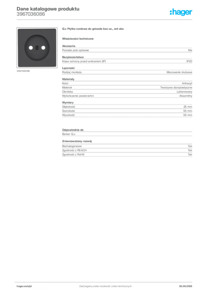 Zdjęcie Hager Dane katalogowe produktu 3967036086 | Hager Polska