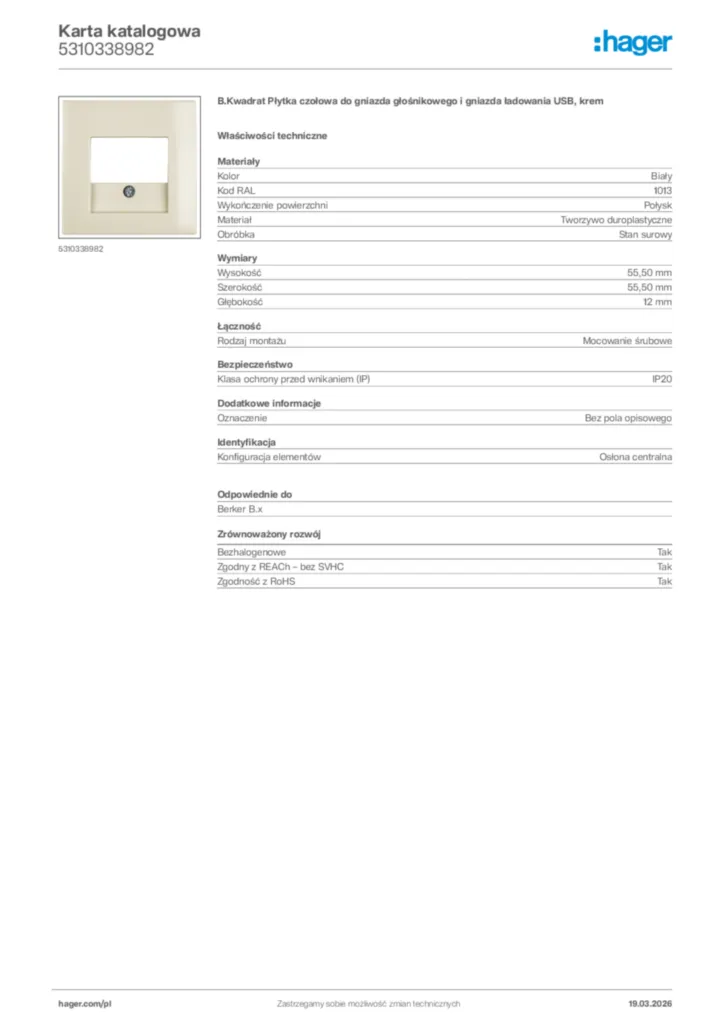 Zdjęcie Hager Karta katalogowa 5310338982 | Hager Polska