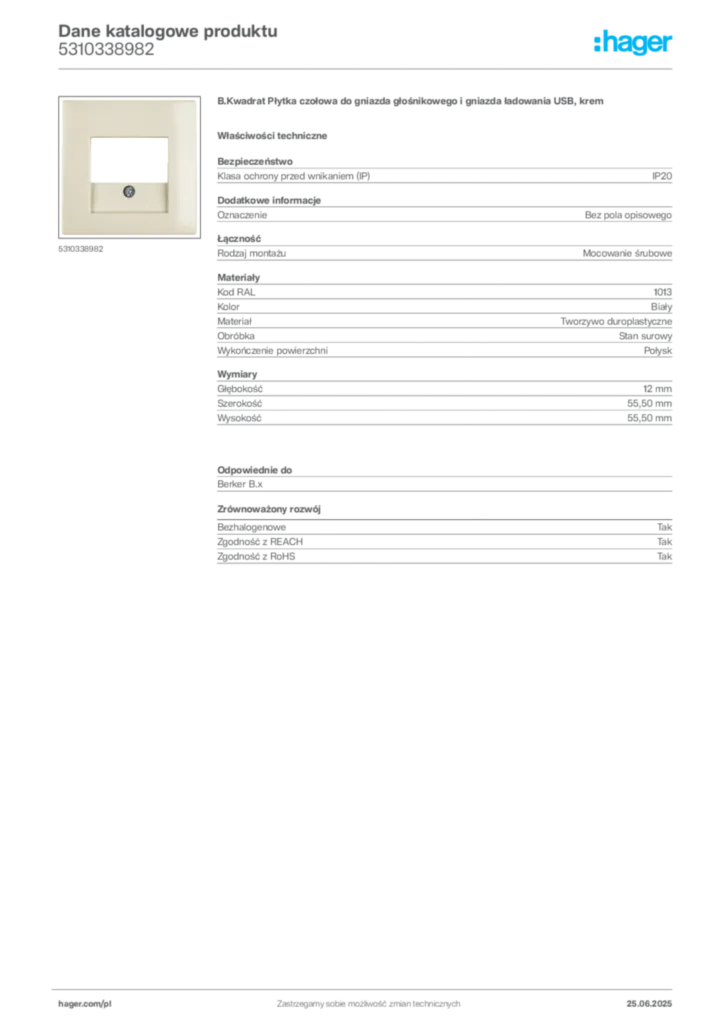 Zdjęcie Hager Dane katalogowe produktu 5310338982 | Hager Polska